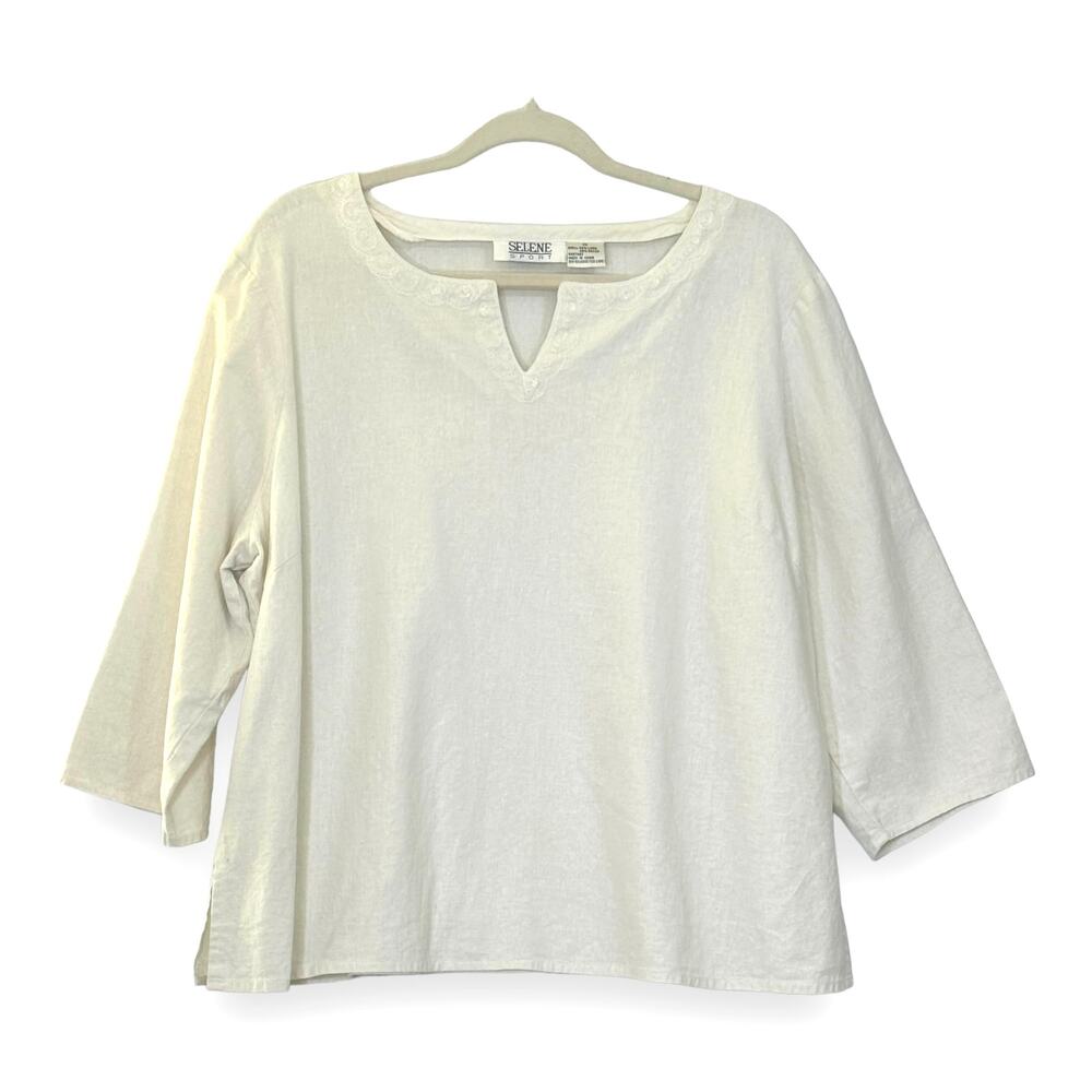 Ivory Linen Blend Notch Neck Tunic Lace Detail 1X Pullover Minimalist